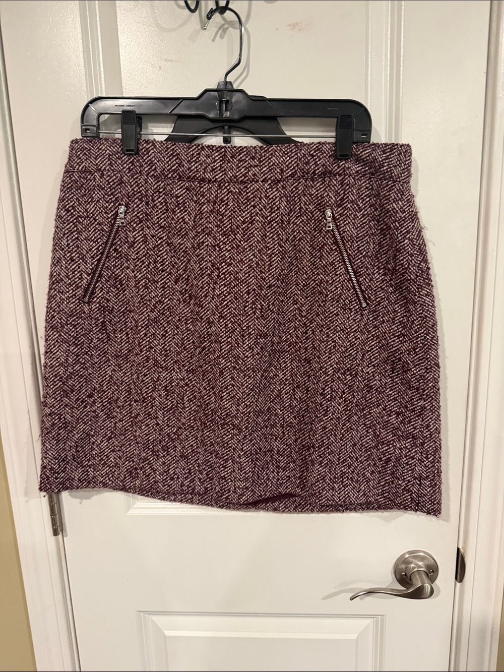 LOFT Burgundy Herringbone Mini Skirt with Zip Pockets